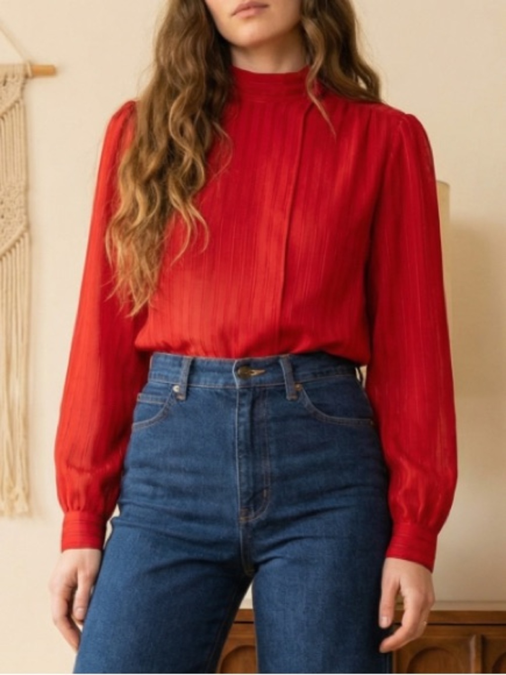 Vintage Chaus Red pinstripe Secretary Blouse Mock neck 70s 80s steampunk office